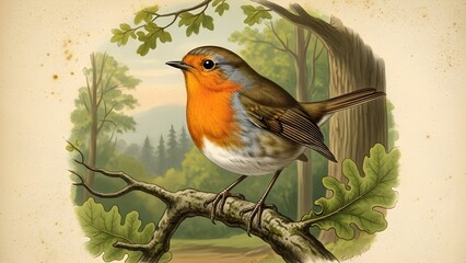 A european robin perched on a tree branch in a forest