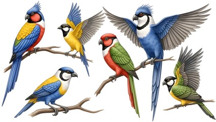 Obraz premium Vibrant illustration of six colorful parrots and macaws on branches