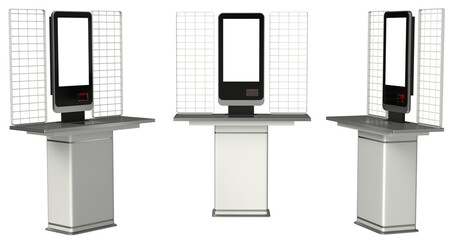 Self-checkout kiosks or self-service payment machines. 3d illustration transparent background
