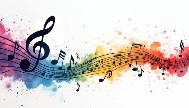 Black musical notes on a staff flow across a white background with a colorful watercolor splash. Abstract sound wave pattern with rainbow hues evokes joyful melody and artistic expression.