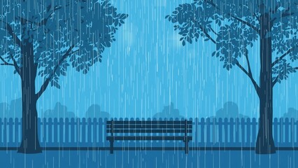 A serene park scene on a rainy day with a bench and trees
