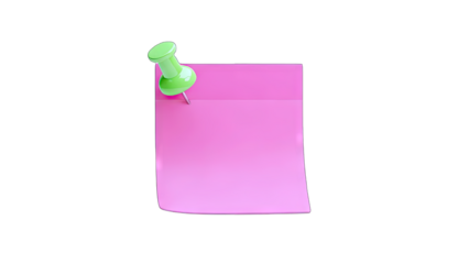 3D Pink sticky note pinned with a green thumbtack on transparent background