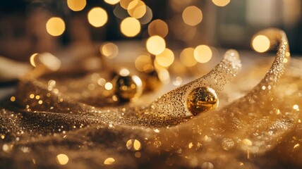 An abstract golden bokeh background with warm glowing light orbs in soft focus, featuring shimmering gold particles and glitter scattered across the foreground.