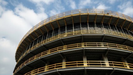 Construction site with scaffolding on a building exterior under a cloudy sky