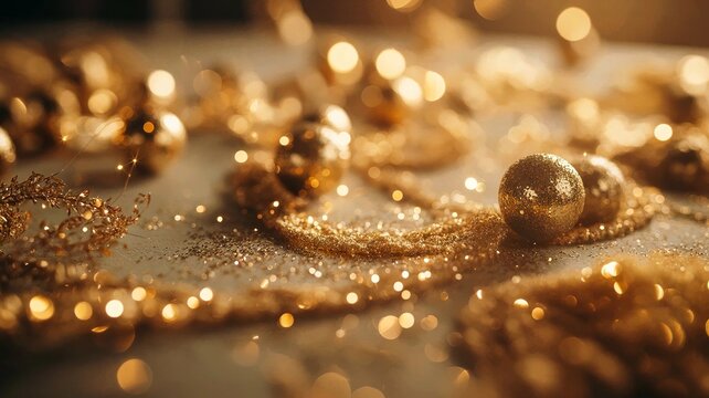 An abstract golden bokeh background with warm glowing light orbs in soft focus, featuring shimmering gold particles and glitter scattered across the foreground. - Powered by Adobe