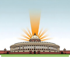 Illustration of a grand building with a radiant sunburst