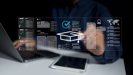 Digital technology screen displays online education learning course for student academic success...