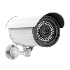 A white security camera on a black background