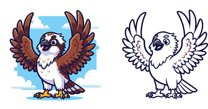 Cute Cartoon Osprey or Hawk Spreading its Wings against a Blue Sky and Clouds, Kids Illustration of a Friendly Bird of Prey Character for Education and Design Projects