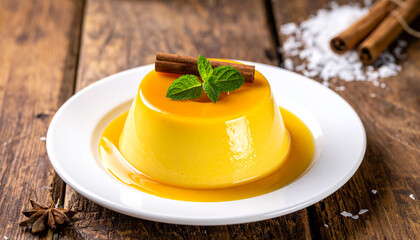 Brazilian Quindim Coconut Flan  on wooden background