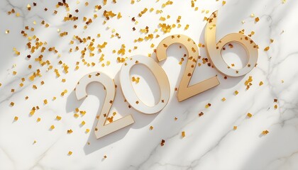 Balanced top down view of abstract confetti and sculptural 2026 focal element with gold ivory tones minimal elegance luxury celebration