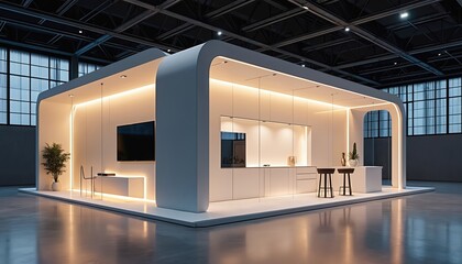 Modern minimal exhibition booth. White display with clean lines and warm LED lighting. Includes screen, shelving, and seating. Ideal for trade shows.