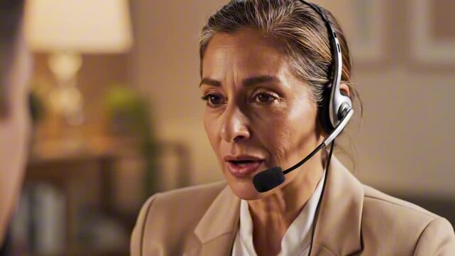 Professional mature woman wearing headset speaking during online consultation, focused customer support or remote counseling session, communication, trust, and digital service concept.
 - Powered by Adobe