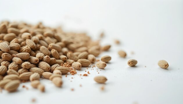 Pile of ajwain seeds with ridged texture and oval shape scattered on white surface. Macro view shows tiny brown dry spice, natural ingredient for food preparation.