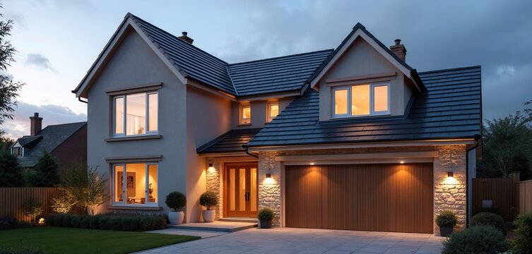 New UK detached house exterior at dusk. Modern architecture, residential property for sale. Luxury suburban home, warm lights glow from windows, driveway ready for cars.