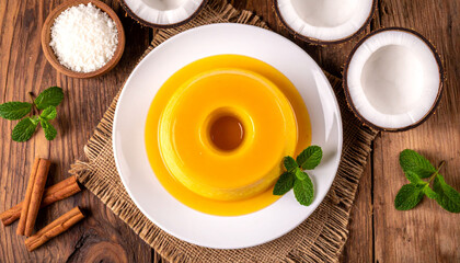 Brazilian Quindim Coconut Flan  on wooden background