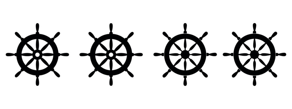 Four ship helm steering wheels in a row vector.