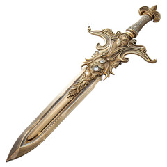 A gold sword with intricate designs and jewels on a black background