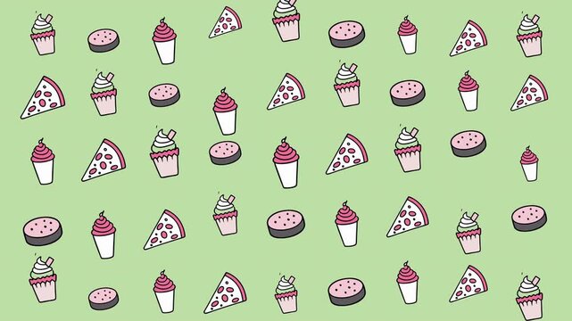Repeating pattern of pizza cupcakes and cookies on green perfect for food blog backgrounds or party invitations with fun themes.