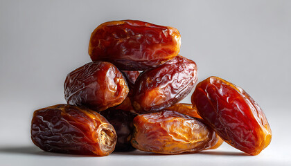 A stack of sun ripened medjool dates on white background