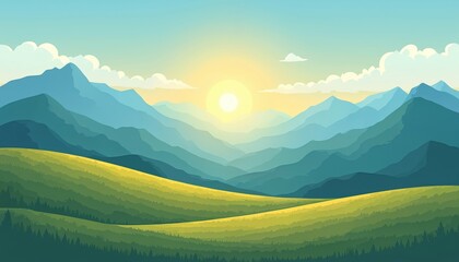 Green rolling hills and distant blue mountains under a bright sun and clear sky. Gentle slopes form a peaceful landscape scene. The serene view invites calm and exploration.