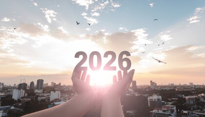 Hands raised to the sky celebrate the arrival of 2026 sunlight casts a warm glow, while birds soar above a city skyline