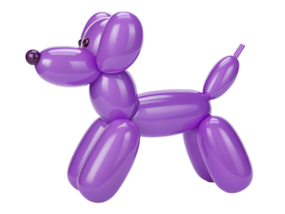 A vibrant purple 3 D balloon dog with a glossy finish and detailed isolated on a transparent background