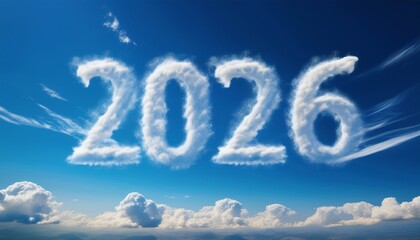  2026 year written on a blue sky of clouds. Concept of happy New year.