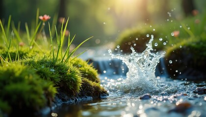 Close up of water splashing in a clear stream flowing over mossy rocks. Rich green grass and tiny pink flowers grow beside the water. Sunlight filters through trees creating a peaceful natural scene.