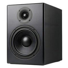 Black speaker with two circular drivers on a white background audio