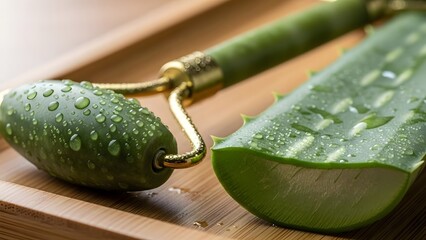 Jade Roller and Aloe Vera on Bamboo Tray with Condensation Beads
