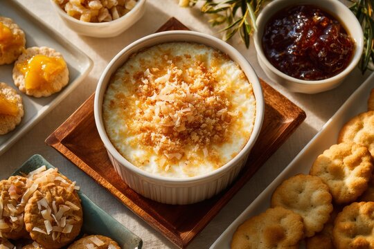 Manjar Blanco topped with shredded coconut, sugar, apricot jam, cookies on rustic wooden tray. Concept of sweetened milk caramel Latin American treats, warm inviting atmosphere.
