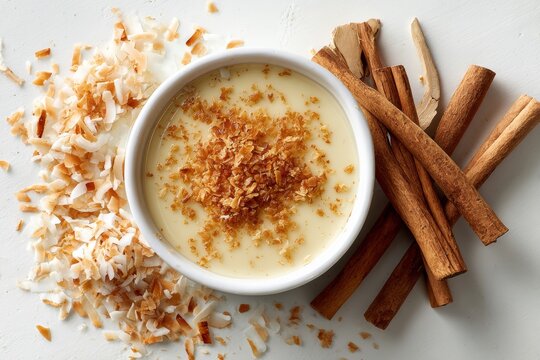 Manjar Blanco in a white bowl topped with toasted coconut, cinnamon sticks arranged nearby. Concept of sweetened milk caramel Latin American dessert with tropical flavors.