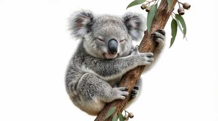 Naklejka premium A fluffy koala hugging a branch isolated on a white background