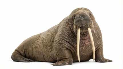 A large walrus with long tusks isolated on a white background