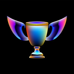 A stylized digital art illustration of a winged trophy glowing with iridescent colors