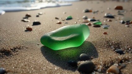 Green glass pebble on sandy beach (1)