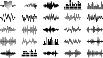 Audio waveform and equalizer icons collection, sound frequency signals for music, podcast, recording and media projects, vector illustration