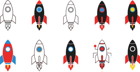 Rocket launch icons collection, startup growth, space exploration and business innovation symbols for digital design projects, vector illustration © PixelsWorld