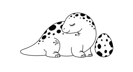 Cute line drawing of a baby dinosaur with black spots sitting peacefully next to a large spotted egg on a white background.