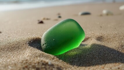 Green glass pebble on sandy beach