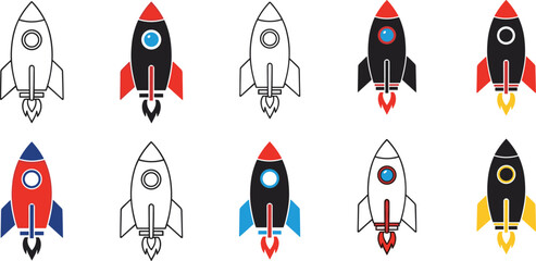 Rocket launch icons set, startup growth, space technology and business innovation symbols for apps, branding and presentations, vector illustration