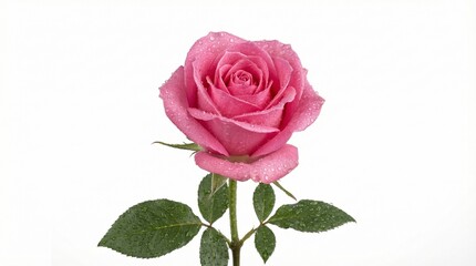 A pink rose with morning dew isolated on a white background