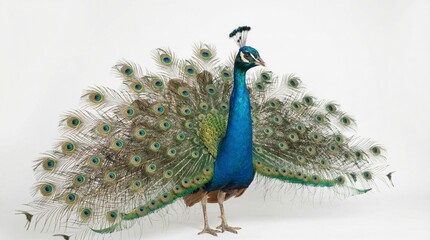 A regal peacock with feathers spread isolated on a white background