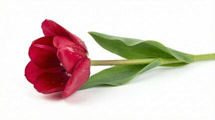 A red tulip with green stem isolated on a white background