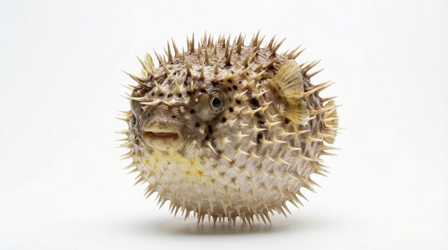 A pufferfish inflated with spines isolated on a white background