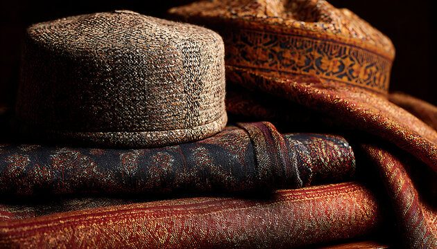 Traditional kufi caps and intricate sandhi ajrak 