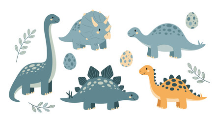 Large collection of cute flat-style cartoon dinosaurs including various species with spotted eggs and leafy branches for children.