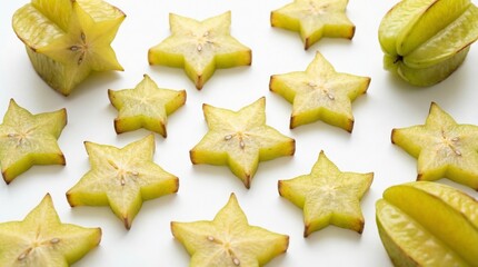 A starfruit cut into star shapes isolated on a white background