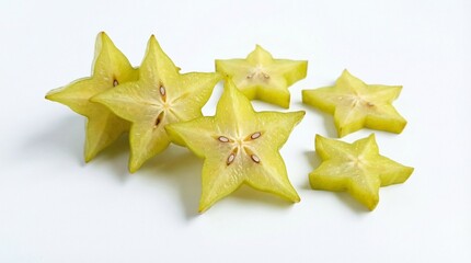A starfruit cut into star shapes isolated on a white background
